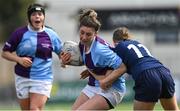 21 April 2022; Grainne Flynn of South East is tackled by Heidi Lyons of North Midlands during the Leinster Rugby Under 18 Sarah Robinson Cup Final Round match between South East and North Midlands at Energia Park in Dublin. Photo by Brendan Moran/Sportsfile