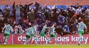 22 April 2022; Andy Lyons of Shamrock Rovers, 22, celebrates with teammates after scoring their side's first goal during the SSE Airtricity League Premier Division match between Bohemians and Shamrock Rovers at Dalymount Park in Dublin. Photo by Seb Daly/Sportsfile