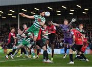 22 April 2022; Roberto Lopes of Shamrock Rovers in action against Bohemians goalkeeper James Talbot during the SSE Airtricity League Premier Division match between Bohemians and Shamrock Rovers at Dalymount Park in Dublin. Photo by Stephen McCarthy/Sportsfile
