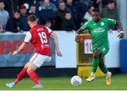 22 April 2022; Eric McWoods of Finn Harps in action against Anto Breslin of St Patrick's Athletic during the SSE Airtricity League Premier Division match between St Patrick's Athletic and Finn Harps at Richmond Park in Dublin. Photo by Michael P Ryan/Sportsfile
