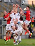 22 April 2022; Ulster players Mike Lowry, Jordi Murphy and Nick Timoney compete for possession with Munster players Chris Farrell, and Shane Daly during the United Rugby Championship match between Ulster and Munster at Kingspan Stadium in Belfast. Photo by Ramsey Cardy/Sportsfile