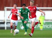 22 April 2022; Filip Mihaljevic of Finn Harps in action against Tom Grivosti of St Patrick's Athletic during the SSE Airtricity League Premier Division match between St Patrick's Athletic and Finn Harps at Richmond Park in Dublin. Photo by Michael P Ryan/Sportsfile