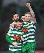 22 April 2022; Shamrock Rovers players, from left, Roberto Lopes, Jack Byrne and Sean Hoare celebrate their second goal during the SSE Airtricity League Premier Division match between Bohemians and Shamrock Rovers at Dalymount Park in Dublin. Photo by Stephen McCarthy/Sportsfile
