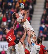 22 April 2022; Jordi Murphy of Ulster wins possession in the lineout against Alex Kendellen of Munster during the United Rugby Championship match between Ulster and Munster at Kingspan Stadium in Belfast. Photo by Ramsey Cardy/Sportsfile
