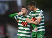 22 April 2022; Jack Byrne, left, and Lee Grace of Shamrock Rovers celebrate their second goal during the SSE Airtricity League Premier Division match between Bohemians and Shamrock Rovers at Dalymount Park in Dublin. Photo by Stephen McCarthy/Sportsfile