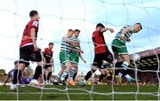 22 April 2022; Andy Lyons of Shamrock Rovers scores his side's first goal during the SSE Airtricity League Premier Division match between Bohemians and Shamrock Rovers at Dalymount Park in Dublin. Photo by Stephen McCarthy/Sportsfile