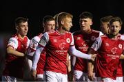 22 April 2022; Eoin Doyle of St Patrick's Athletic, centre, celebrates after scoring his side's second goal with teammates during the SSE Airtricity League Premier Division match between St Patrick's Athletic and Finn Harps at Richmond Park in Dublin. Photo by Michael P Ryan/Sportsfile
