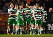 22 April 2022; Danny Mandroiu, second from left, celebrates with Shamrock Rovers team-mates after scoring their side's third goal during the SSE Airtricity League Premier Division match between Bohemians and Shamrock Rovers at Dalymount Park in Dublin. Photo by Stephen McCarthy/Sportsfile
