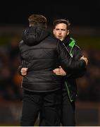 22 April 2022; Shamrock Rovers manager Stephen Bradley celebrates with Shamrock Rovers sporting director Stephen McPhail after their third goal during the SSE Airtricity League Premier Division match between Bohemians and Shamrock Rovers at Dalymount Park in Dublin. Photo by Stephen McCarthy/Sportsfile