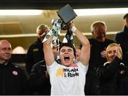 22 April 2022; Tyrone captain Niall Devlin lifts the trophy after the EirGrid Ulster GAA Football U20 Championship Final match between Cavan and Tyrone at Brewster Park in Enniskillen, Fermanagh. Photo by David Fitzgerald/Sportsfile