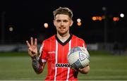 22 April 2022; Jamie McGonigle of Derry City with the match ball after the SSE Airtricity League Premier Division match between Derry City and UCD at The Ryan McBride Brandywell Stadium in Derry. Photo by Eóin Noonan/Sportsfile