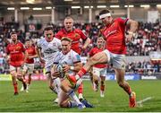 22 April 2022; Stewart Moore of Ulster and Shane Daly of Munster during the United Rugby Championship match between Ulster and Munster at Kingspan Stadium in Belfast. Photo by Ramsey Cardy/Sportsfile