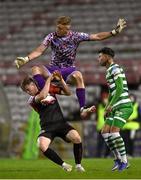 22 April 2022; Bohemians goalkeeper James Talbot colides with teammate Conor Levingston during the SSE Airtricity League Premier Division match between Bohemians and Shamrock Rovers at Dalymount Park in Dublin. Photo by Seb Daly/Sportsfile