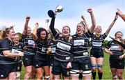 23 April 2022; Kilkenny RFC captain Emer Kelly celebrates with the cup and her teammates after her side's victory in the Division 5 Cup Final match between Kilkenny RFC and Tallaght RFC at Ollie Campbell Park, Old Belvedere RFC in Dublin. Photo by Ben McShane/Sportsfile