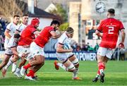 22 April 2022; Matty Rea of Ulster is tackled by Damian de Allende of Munster during the United Rugby Championship match between Ulster and Munster at Kingspan Stadium in Belfast. Photo by John Dickson/Sportsfile