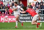 22 April 2022; Stuart McCloskey of Ulster is tackled by Chris Farrell of Munster during the United Rugby Championship match between Ulster and Munster at Kingspan Stadium in Belfast. Photo by John Dickson/Sportsfile