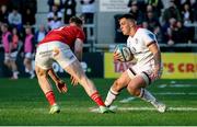 22 April 2022; James Hume of Ulster is tackled by Chris Farrell of Munster during the United Rugby Championship match between Ulster and Munster at Kingspan Stadium in Belfast. Photo by John Dickson/Sportsfile