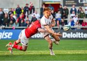 22 April 2022 ;Ethan McIlroy of Ulster is tackled by Keith Earls of Munster during the United Rugby Championship match between Ulster and Munster at Kingspan Stadium in Belfast. Photo by John Dickson/Sportsfile