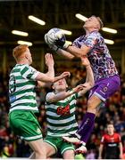 22 April 2022; Bohemians goalkeeper James Talbot in action against Rory Gaffney, left, and Andy Lyons of Shamrock Rovers during the SSE Airtricity League Premier Division match between Bohemians and Shamrock Rovers at Dalymount Park in Dublin. Photo by Stephen McCarthy/Sportsfile