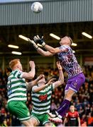 22 April 2022; Bohemians goalkeeper James Talbot in action against Rory Gaffney, left, and Andy Lyons of Shamrock Rovers during the SSE Airtricity League Premier Division match between Bohemians and Shamrock Rovers at Dalymount Park in Dublin. Photo by Stephen McCarthy/Sportsfile