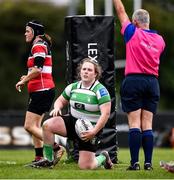 23 April 2022; Mary Healy of Naas RFC after scoring a try during the Paul Cusack Cup Final match between Wicklow J1 and Naas RFC at Ollie Campbell Park, Old Belvedere RFC in Dublin. Photo by Ben McShane/Sportsfile
