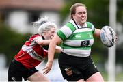 23 April 2022; Mary Healy of Naas RFC in action against Naoise O’Reilly of Wicklow J1 during the Paul Cusack Cup Final match between Wicklow J1 and Naas RFC at Ollie Campbell Park, Old Belvedere RFC in Dublin. Photo by Ben McShane/Sportsfile
