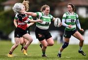 23 April 2022; Mary Healy of Naas RFC holds off the tackle of Naoise O’Reilly of Wicklow J1 during the Paul Cusack Cup Final match between Wicklow J1 and Naas RFC at Ollie Campbell Park, Old Belvedere RFC in Dublin. Photo by Ben McShane/Sportsfile