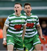 22 April 2022; Andy Lyons of Shamrock Rovers celebrates after scoring his side's first goal with team-mate Lee Grace, right, during the SSE Airtricity League Premier Division match between Bohemians and Shamrock Rovers at Dalymount Park in Dublin. Photo by Stephen McCarthy/Sportsfile