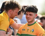 17 April 2022; David Bruen of Leitrim is congratulated by his friend David Regan from Leitrim town after his side's victory in the Connacht GAA Football Senior Championship Quarter-Final match between London and Leitrim at McGovern Park in Ruislip, London, England. Photo by Sam Barnes/Sportsfile