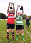 23 April 2022; Team captains Niamh O’Leary of Wicklow J1, left, and Clare Finn of Naas RFC lift their Division titles after the Paul Cusack Cup Final match between Wicklow J1 and Naas RFC at Ollie Campbell Park, Old Belvedere RFC in Dublin. Photo by Ben McShane/Sportsfile