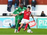 22 April 2022; Darragh Burns of St Patrick's Athletic in action against Élie-Gael N'Zeyi of Finn Harps during the SSE Airtricity League Premier Division match between St Patrick's Athletic and Finn Harps at Richmond Park in Dublin. Photo by Michael P Ryan/Sportsfile