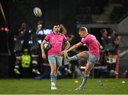 23 April 2022; Ciarán Frawley, right, and Harry Byrne of Leinster before the United Rugby Championship match between Cell C Sharks and Leinster at Hollywoodbets Kings Park Stadium in Durban, South Africa. Photo by Harry Murphy/Sportsfile