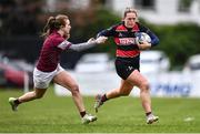 23 April 2022; Caroline Aherne of Tullamore RFC is tackled by Chloe Farrell of Tullow RFC during the Paul Flood Cup Final match between BTullamore RFC and Tullow RFC at Ollie Campbell Park, Old Belvedere RFC in Dublin. Photo by Ben McShane/Sportsfile