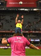 23 April 2022; John McKee of Leinster throws a lineout before the United Rugby Championship match between Cell C Sharks and Leinster at Hollywoodbets Kings Park Stadium in Durban, South Africa. Photo by Harry Murphy/Sportsfile