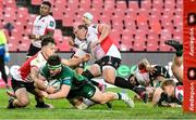 23 April 2022; Tom Daly of Connacht dives to score his side's second try during the United Rugby Championship match between Emirates Lions and Connacht at Emirates Airline Park in Johannesburg, South Africa. Photo by Sydney Seshibedi/Sportsfile