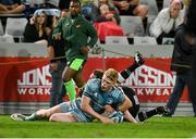 23 April 2022; Tommy O'Brien of Leinster scores his side's second try despite the tackle of Werner Kok of Cell C Sharks during the United Rugby Championship match between Cell C Sharks and Leinster at Hollywoodbets Kings Park Stadium in Durban, South Africa. Photo by Harry Murphy/Sportsfile