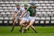 23 April 2022; Tommy Doyle of Westmeath in action against Cianan Fahy, centre, and Brian Concannon of Galway during the Leinster GAA Hurling Senior Championship Round 2 match between Galway and Westmeath at Pearse Stadium in Galway. Photo by Seb Daly/Sportsfile