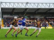 23 April 2022; Sean Downey of Laois in action against Padraig Walsh, left, and Tom Phelan of Kilkenny during the Leinster GAA Hurling Senior Championship Round 2 match between Kilkenny and Laois at UPMC Nowlan Park in Kilkenny. Photo by David Fitzgerald/Sportsfile