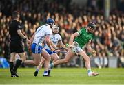 23 April 2022; Gearoid Hegarty of Limerick in action against Conor Prunty, 3, and Dessie Hutchinson of Waterford during the Munster GAA Hurling Senior Championship Round 2 match between Limerick and Waterford at TUS Gaelic Grounds in Limerick. Photo by Stephen McCarthy/Sportsfile