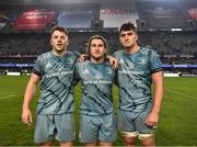 23 April 2022; Leinster debutants, from left, Lee Barron, John McKee and Brian Deeny after the United Rugby Championship match between Cell C Sharks and Leinster at Hollywoodbets Kings Park Stadium in Durban, South Africa. Photo by Harry Murphy/Sportsfile