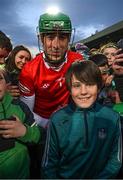 23 April 2022; Limerick goalkeeper Nickie Quaid celebrates with eleven year old Joe Mcnamara from Herbertstown in Limerick after the Munster GAA Hurling Senior Championship Round 2 match between Limerick and Waterford at TUS Gaelic Grounds in Limerick. Photo by Ray McManus/Sportsfile
