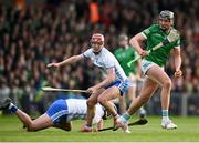 23 April 2022; Gearoid Hegarty of Limerick in action against Calum Lyons of Waterford during the Munster GAA Hurling Senior Championship Round 2 match between Limerick and Waterford at TUS Gaelic Grounds in Limerick. Photo by Stephen McCarthy/Sportsfile