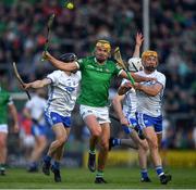 23 April 2022; Cathal O'Neill of Limerick is tackled by Jack Prendergast and Peter Hogan of Waterford during the Munster GAA Hurling Senior Championship Round 2 match between Limerick and Waterford at TUS Gaelic Grounds in Limerick. Photo by Ray McManus/Sportsfile