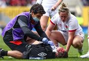 24 April 2022; (EDITORS NOTE; This image contains graphic content) Jess Breach of England lies on the floor with a head injury during the TikTok Women's Six Nations Rugby Championship match between England and Ireland at Mattioli Woods Welford Road Stadium in Leicester, England. Photo by Darren Staples/Sportsfile