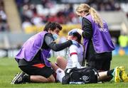 24 April 2022; Jess Breach of England lies on the floor with a head injury during the TikTok Women's Six Nations Rugby Championship match between England and Ireland at Mattioli Woods Welford Road Stadium in Leicester, England. Photo by Darren Staples/Sportsfile