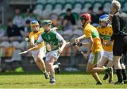 24 April 2022; James Tierney of Fermanagh in action against Barry Loughran of Leitrim during the Electric Ireland Celtic Challenge Round 3 match between Leitrim and Fermanagh at Avant Money Páirc Seán Mac Diarmada, Carrick-on-Shannon in Leitrim. Photo by Oliver McVeigh/Sportsfile