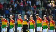 24 April 2022; Carlow players stand for the playing of Amhrán na bhFiann before the Leinster GAA Football Senior Championship Round 1 match between Louth and Carlow at Páirc Tailteann in Navan, Meath. Photo by Eóin Noonan/Sportsfile