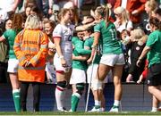 24 April 2022; Lydia Thompson of England talks to Eimear Considine of Ireland after the TikTok Women's Six Nations Rugby Championship match between England and Ireland at Mattioli Woods Welford Road Stadium in Leicester, England. Photo by Darren Staples/Sportsfile