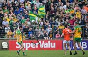 24 April 2022; Ryan McHugh of Donegal celebrates his side's first goal, scored by Patrick McBrearty, during the Ulster GAA Football Senior Championship Quarter-Final match between Donegal and Armagh at Páirc MacCumhaill in Ballybofey, Donegal. Photo by Ramsey Cardy/Sportsfile