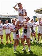 24 April 2022; Emily Scarratt of England is lifted by team mates after receiving her 100th cap after the TikTok Women's Six Nations Rugby Championship match between England and Ireland at Mattioli Woods Welford Road Stadium in Leicester, England. Photo by Darren Staples/Sportsfile